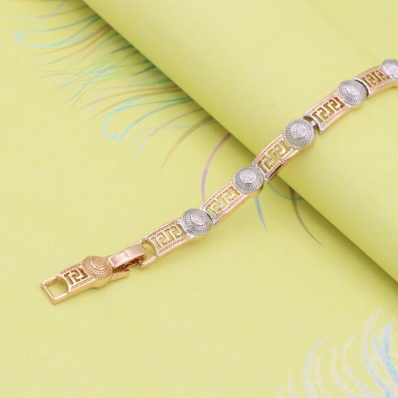 "Greek Key Rose Gold Bracelet with Silver Disc Accents, XPBL0792 - Picture 1 of 12